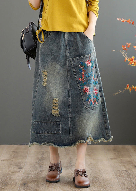 Vintage Blue Embroideried Floral Patchwork Patchwork A Line Skirt Summer TY1003