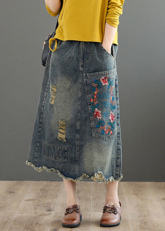 Vintage Blue Embroideried Floral Patchwork Patchwork A Line Skirt Summer TY1003