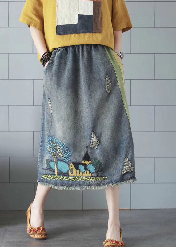 Vintage Blue Embroideried Floral Patchwork Patchwork A Line Skirt Summer TY1003