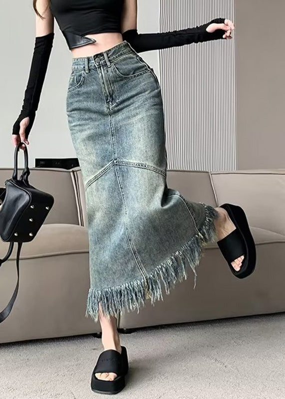 Vintage Blue Patchwork Tassel Denim Maxi Skirts Summer TY1008