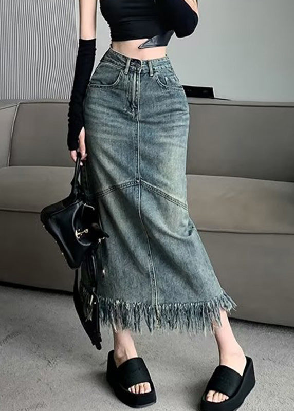 Vintage Blue Patchwork Tassel Denim Maxi Skirts Summer TY1008