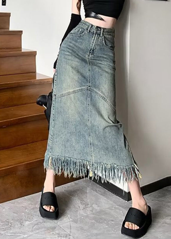 Vintage Blue Patchwork Tassel Denim Maxi Skirts Summer TY1008