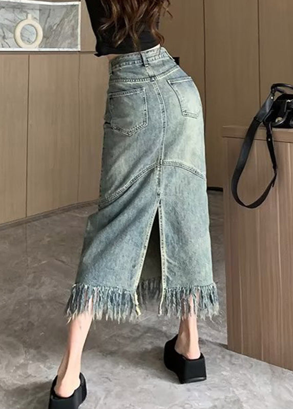 Vintage Blue Patchwork Tassel Denim Maxi Skirts Summer TY1008