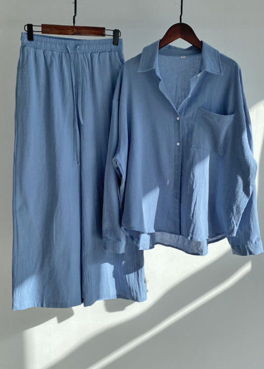 Vintage Blue Peter Pan Collar Tops And Pants Cotton Two-Piece Set Spring LC0459