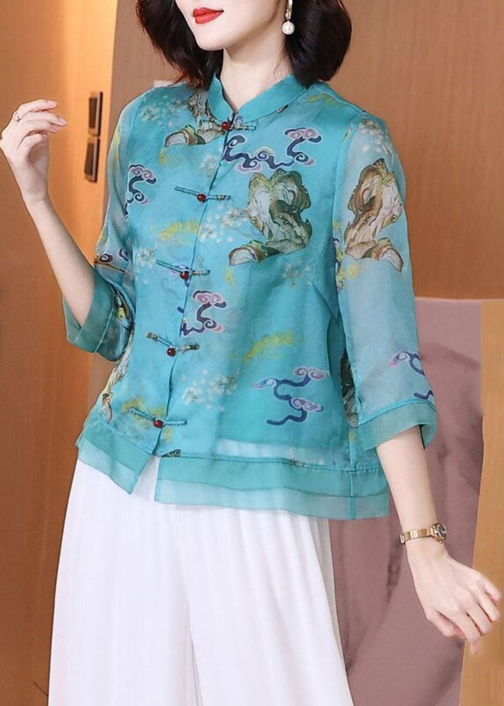 Vintage Blue Stand Collar Print Chinese Button Patchwork Linen Tops Summer TP1051