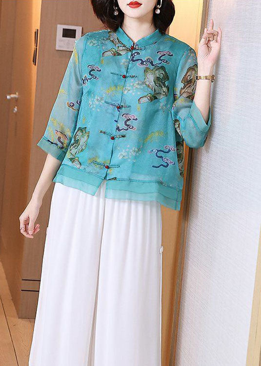 Vintage Blue Stand Collar Print Chinese Button Patchwork Linen Tops Summer TP1051