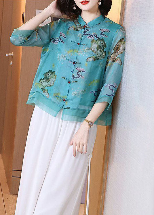 Vintage Blue Stand Collar Print Chinese Button Patchwork Linen Tops Summer TP1051