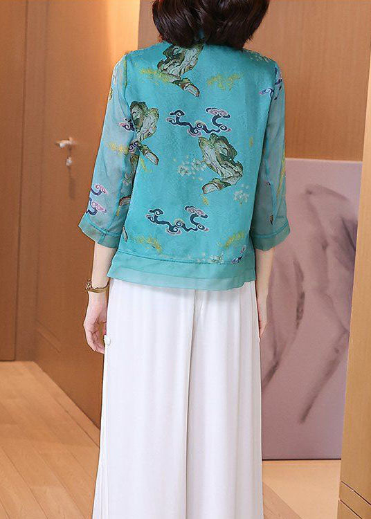 Vintage Blue Stand Collar Print Chinese Button Patchwork Linen Tops Summer TP1051