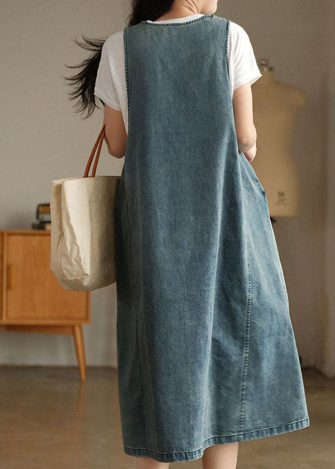 Vintage Blue V Neck Patchwork Denim Tank Dress Sleeveless LY0585