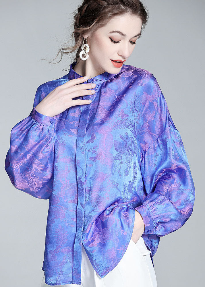 Vintage Blue Wrinkled Patchwork Jacquard Silk Shirts Spring LC0282