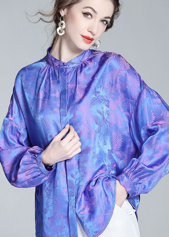 Vintage Blue Wrinkled Patchwork Jacquard Silk Shirts Spring LC0282