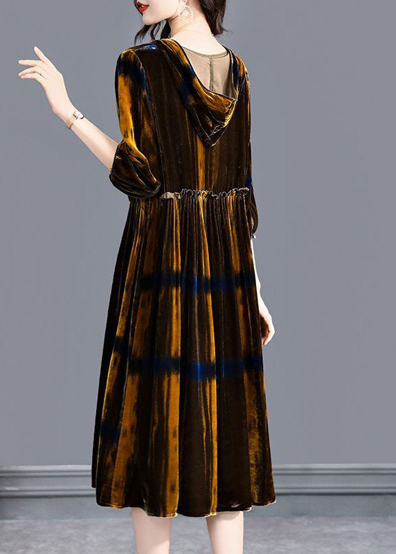 Vintage Brown Hooded Ruffled Wrinkled Silk Velour Maxi Dresses Spring LC0078