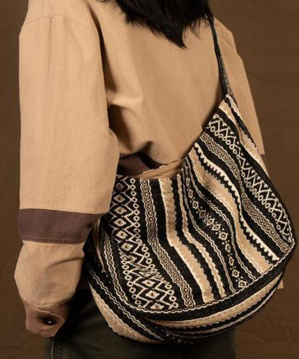 Vintage Brown Stripe Zippered Embroideried Linen Messenger Bag LY1755