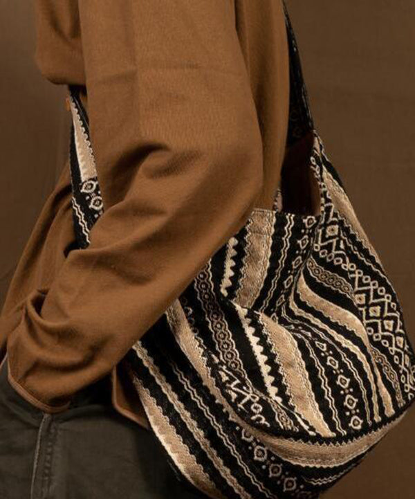Vintage Brown Stripe Zippered Embroideried Linen Messenger Bag LY1755