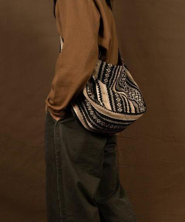 Vintage Brown Stripe Zippered Embroideried Linen Messenger Bag LY1755