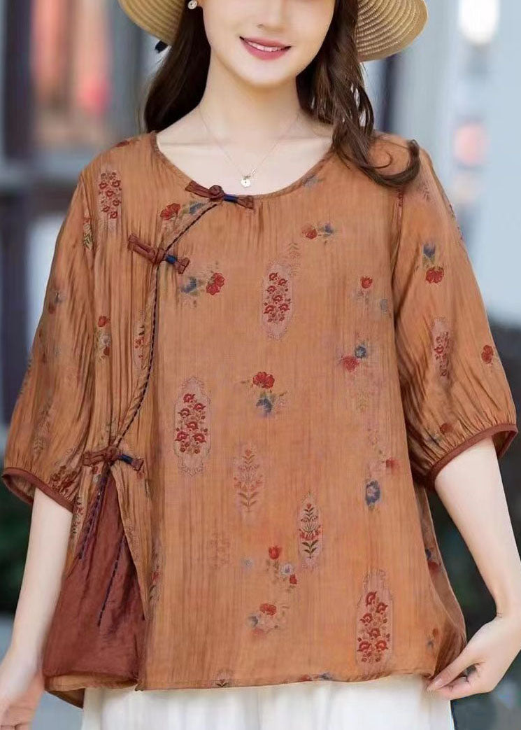 Vintage Camel O Neck Print Chinese Button Patchwork Cotton T Shirt Summer TP1022