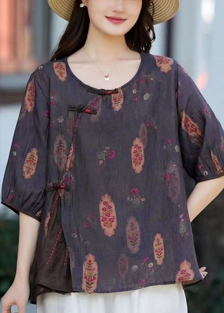 Vintage Camel O Neck Print Chinese Button Patchwork Cotton T Shirt Summer TP1022