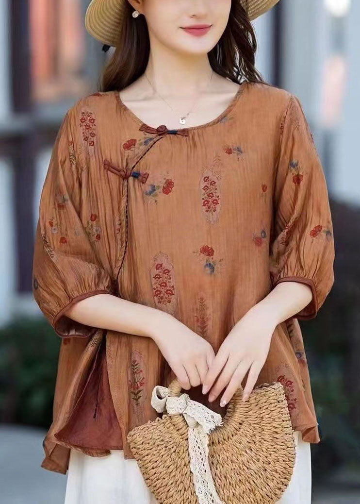 Vintage Camel O Neck Print Chinese Button Patchwork Cotton T Shirt Summer TP1022