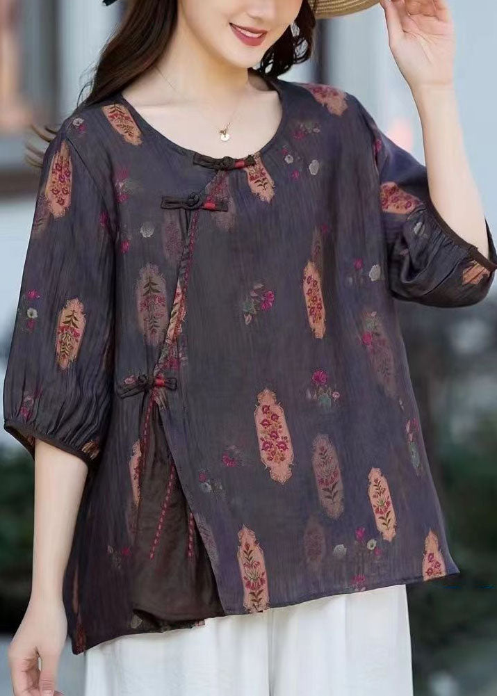 Vintage Camel O Neck Print Chinese Button Patchwork Cotton T Shirt Summer TP1022