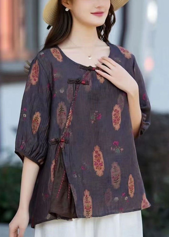 Vintage Camel O Neck Print Chinese Button Patchwork Cotton T Shirt Summer TP1022