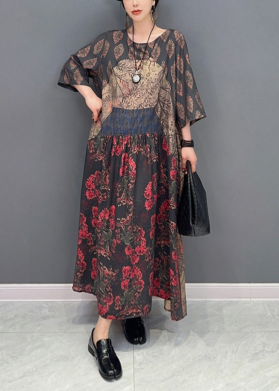 Vintage Colorblock O-Neck Patchwork Print Long Dress Bracelet Sleeve LY0562