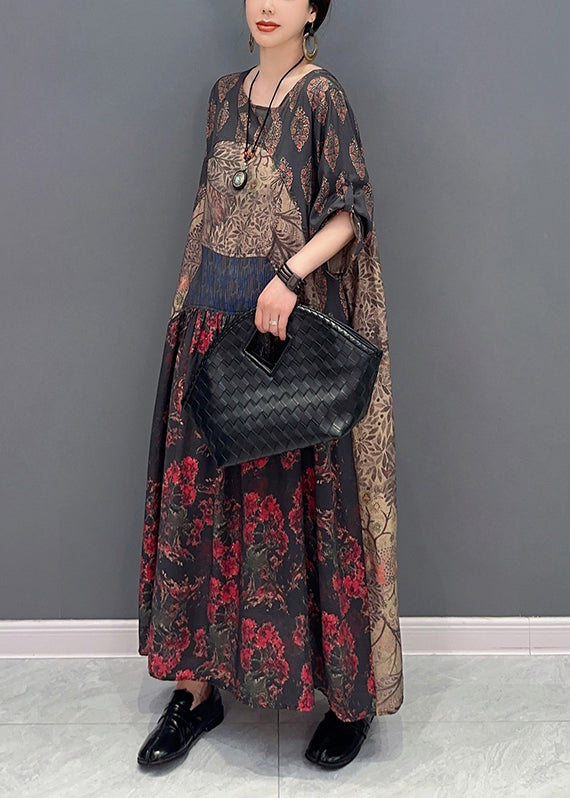 Vintage Colorblock O-Neck Patchwork Print Long Dress Bracelet Sleeve LY0562