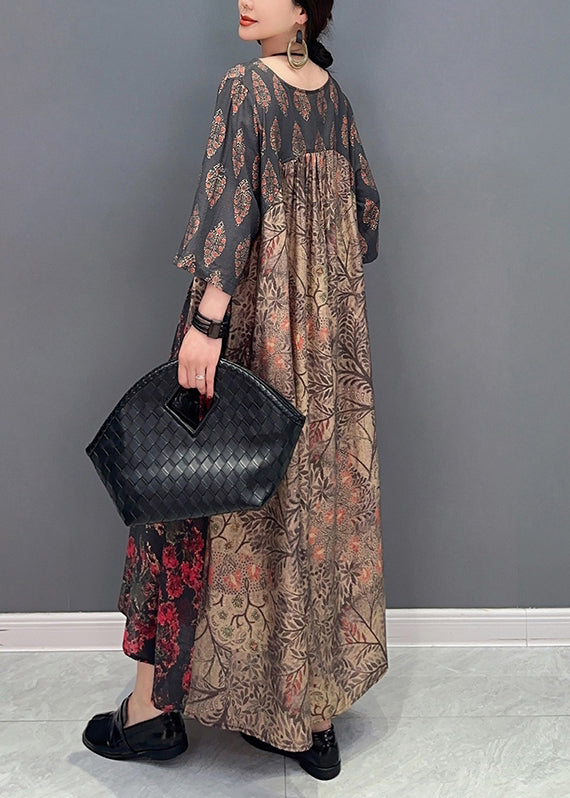 Vintage Colorblock O-Neck Patchwork Print Long Dress Bracelet Sleeve LY0562