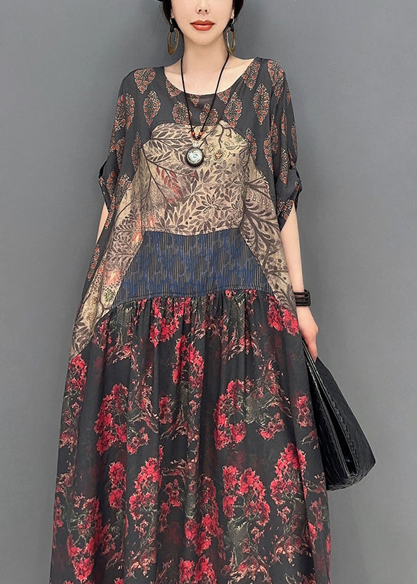 Vintage Colorblock O-Neck Patchwork Print Long Dress Bracelet Sleeve LY0562