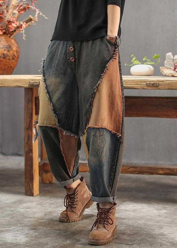 Vintage Colorblock Patchwork Elastic Waist Button Jeans TY1090