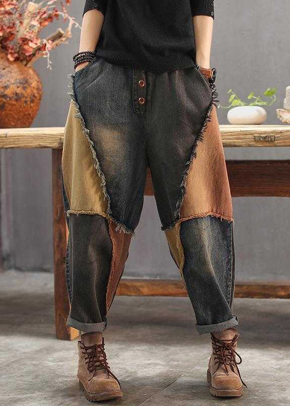 Vintage Colorblock Patchwork Elastic Waist Button Jeans TY1090
