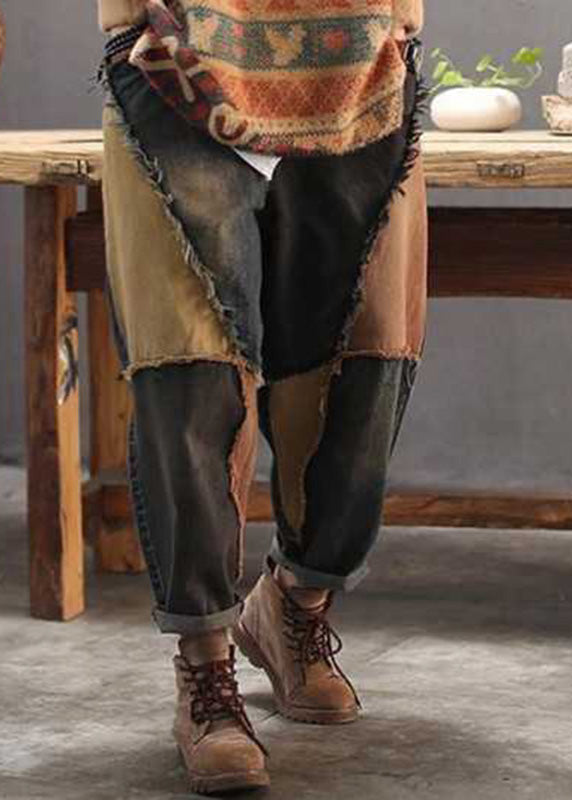 Vintage Colorblock Patchwork Elastic Waist Button Jeans TY1090