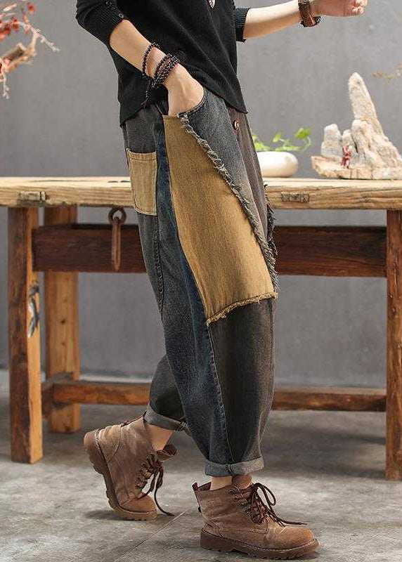 Vintage Colorblock Patchwork Elastic Waist Button Jeans TY1090