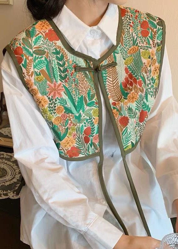 Vintage Green Embroideried Patchwork Lace Up Cotton Vest Sleeveless LY1413