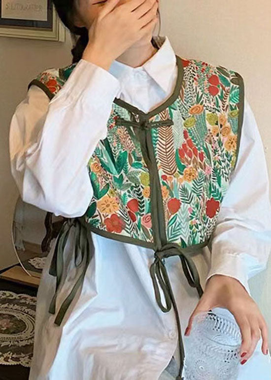 Vintage Green Embroideried Patchwork Lace Up Cotton Vest Sleeveless LY1413