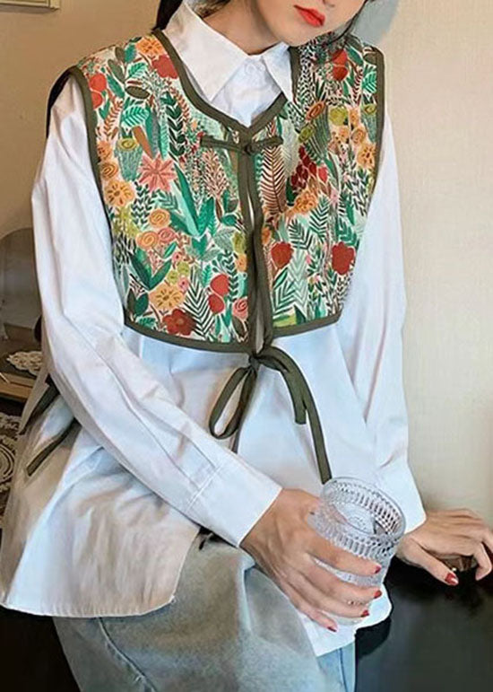 Vintage Green Embroideried Patchwork Lace Up Cotton Vest Sleeveless LY1413