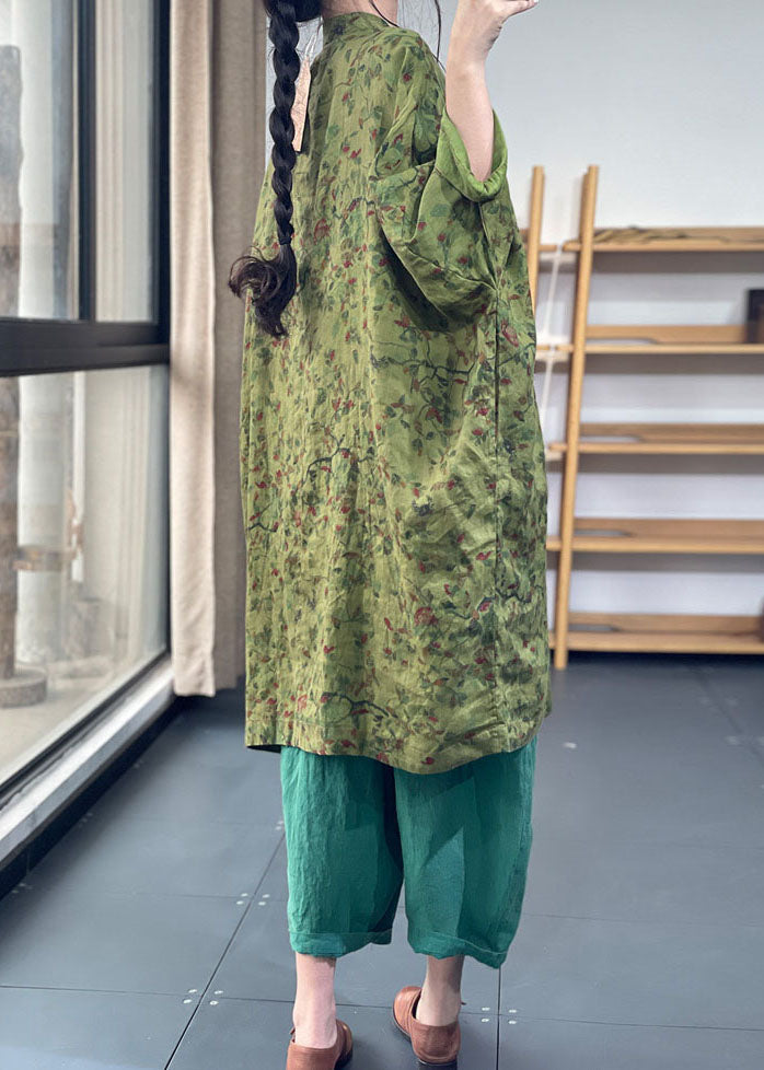 Vintage Green Oversized Print Cotton Dresses Batwing Sleeve AC2026