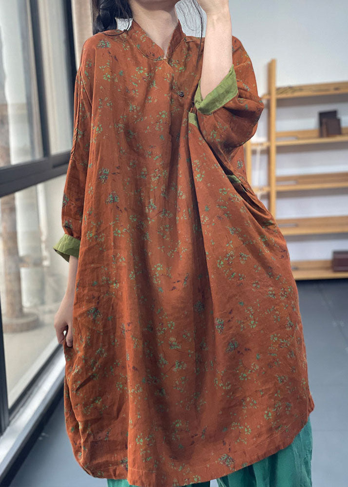 Vintage Green Oversized Print Cotton Dresses Batwing Sleeve AC2026