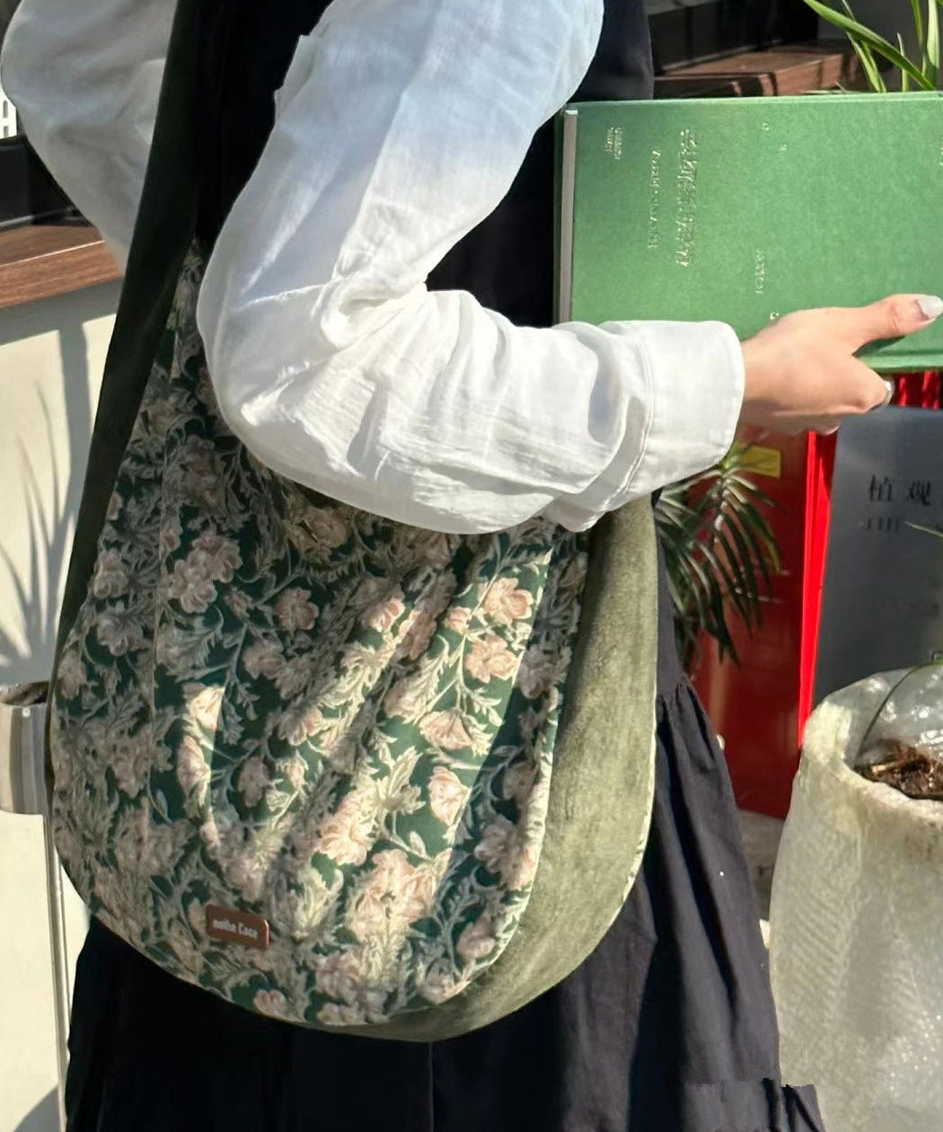 Vintage Green Print Patchwork Velour Satchel Handbag LY1769