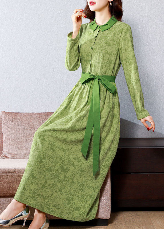 Vintage Green Print Tie Waist Linen Holiday Dress Spring AC2028