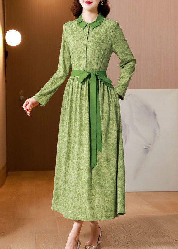 Vintage Green Print Tie Waist Linen Holiday Dress Spring AC2028
