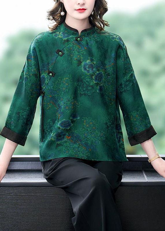 Vintage Green Stand Collar Print Button Patchwork Silk Top Spring TI1056