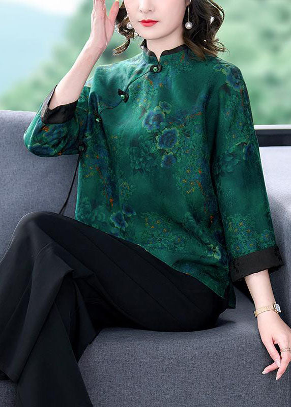 Vintage Green Stand Collar Print Button Patchwork Silk Top Spring TI1056