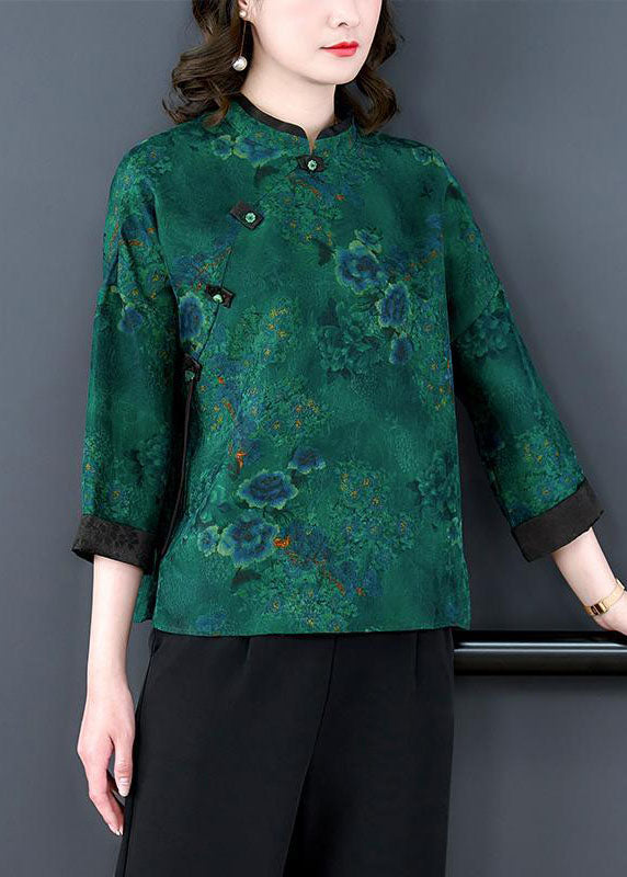 Vintage Green Stand Collar Print Button Patchwork Silk Top Spring TI1056