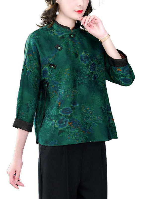 Vintage Green Stand Collar Print Button Patchwork Silk Top Spring TI1056