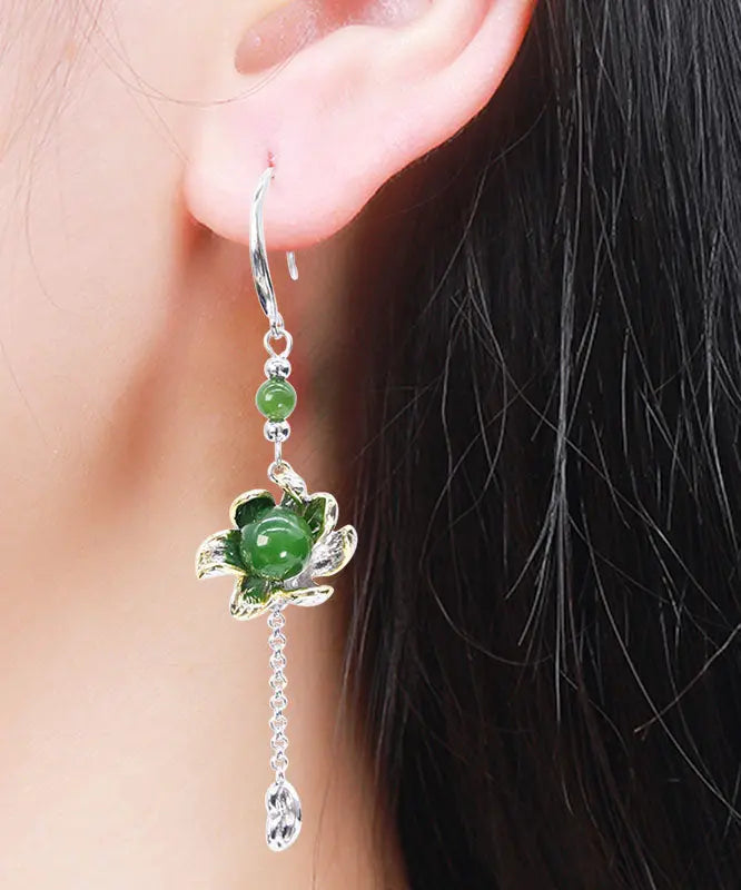 Vintage Green Sterling Silver Jade Floral Drop Earrings Ada Fashion