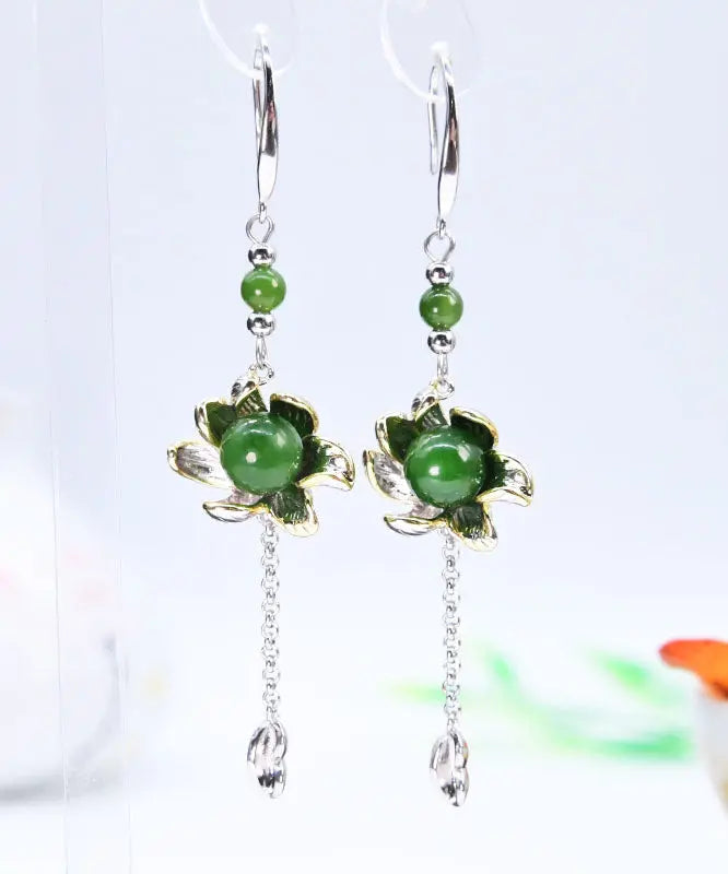 Vintage Green Sterling Silver Jade Floral Drop Earrings Ada Fashion
