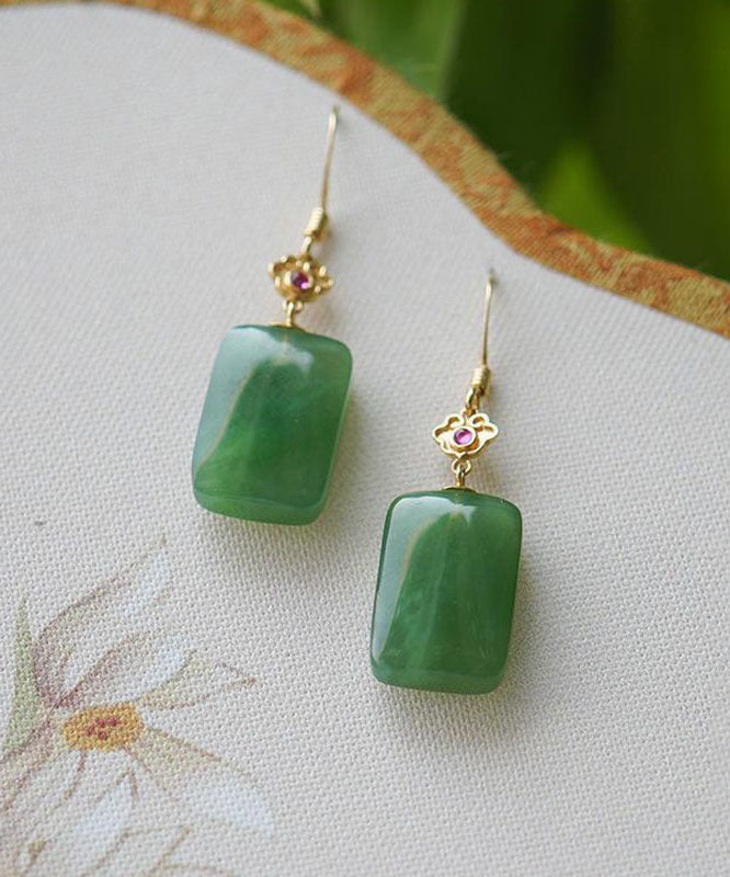 Vintage Green Sterling Silver Square Jade Drop Earrings TW1051