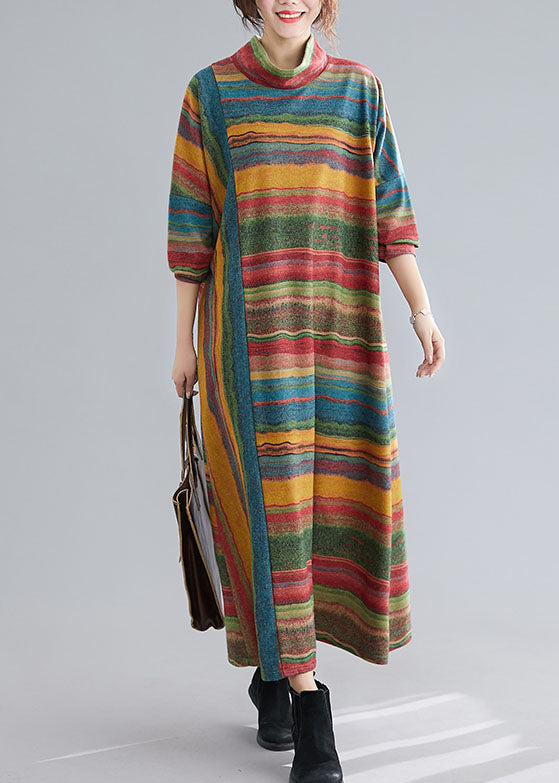 Vintage Green Turtle Neck Patchwork Striped Cotton Ankle Dress Spring AC2021
