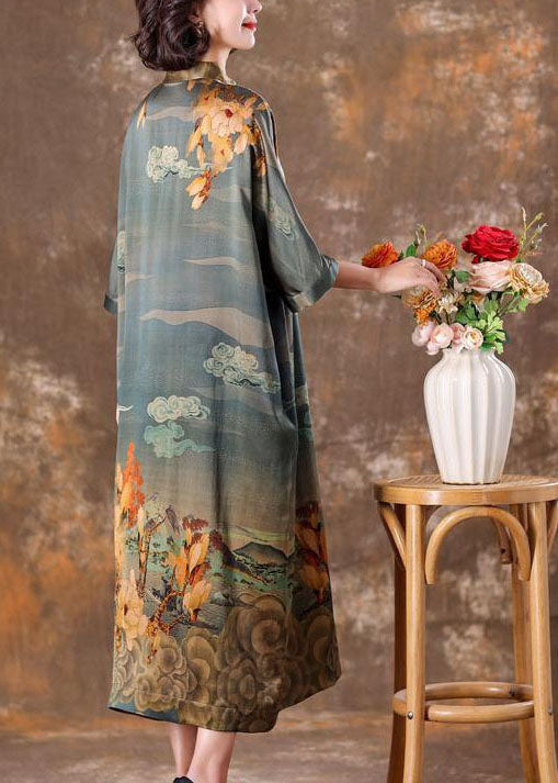 Vintage Grey Mandarin Collar Print Silk Long Dress Caftan Half Sleeve LY1708