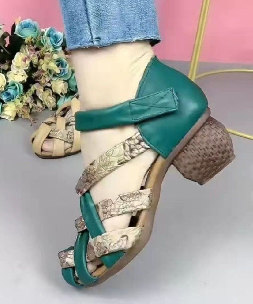 Vintage Hollow Out Splicing Chunky Sandals Green Genuine Leather Print LY1741